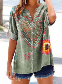 Women's Vintage Bohemian Floral Art Print Casual V Neck Long Sleeve Tops