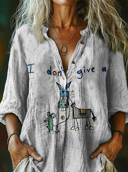 I Don’t Give A Funny Donkey Letter Print Casual Linen V-neck Shirt