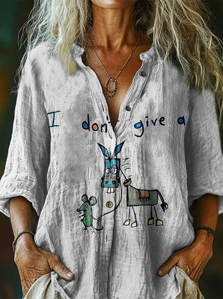 I Don’t Give A Funny Donkey Letter Print Casual Linen V-neck Shirt