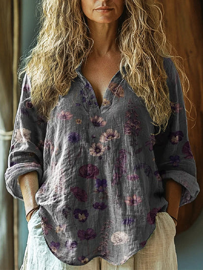 Women's  Flower Art  Print   Linen Pocket Skirt