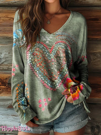 Women's Vintage Bohemian Floral Art Print Casual V Neck Long Sleeve Tops