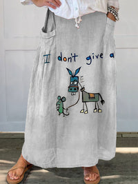 I Don’t Give A Funny Donkey Letter Print Casual Linen V-neck Shirt