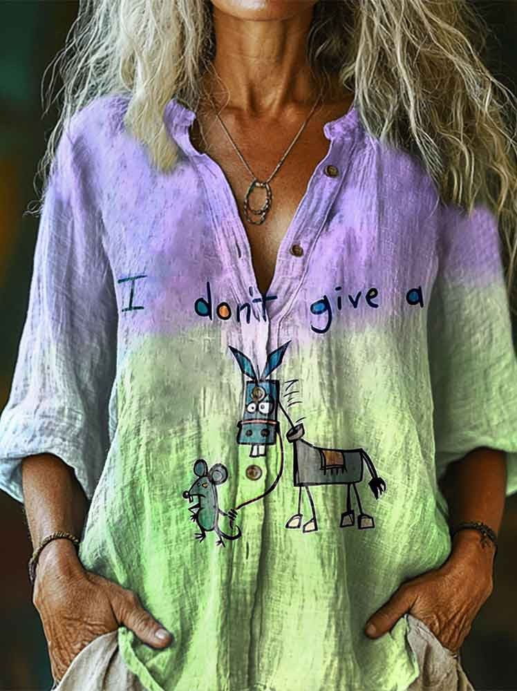 I Don’t Give A Funny Donkey Letter Print Casual Linen V-neck Shirt