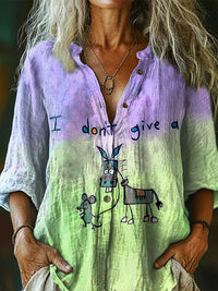 I Don’t Give A Funny Donkey Letter Print Casual Linen V-neck Shirt