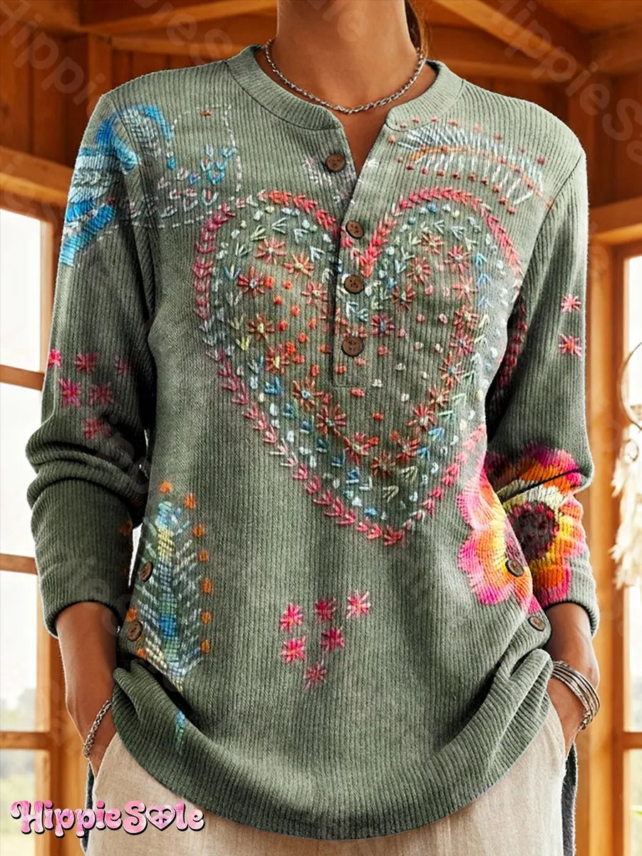 Women's Vintage Bohemian Floral Art Print Casual V Neck Long Sleeve Tops