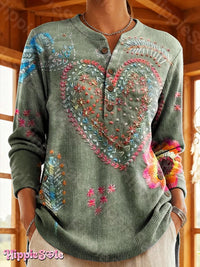 Women's Vintage Bohemian Floral Art Print Casual V Neck Long Sleeve Tops