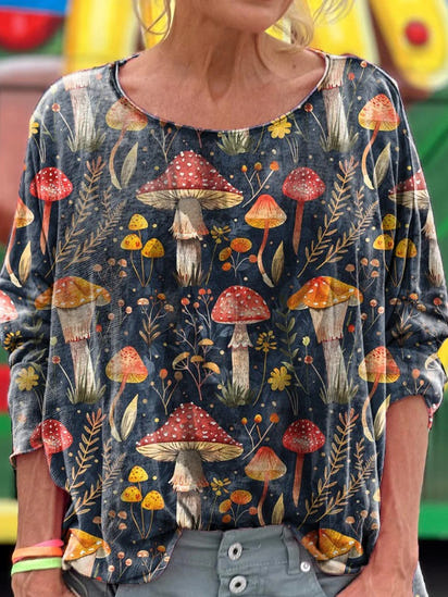 Women's Vintage Mushroom Art Print Casual Linen V-neck Shirt