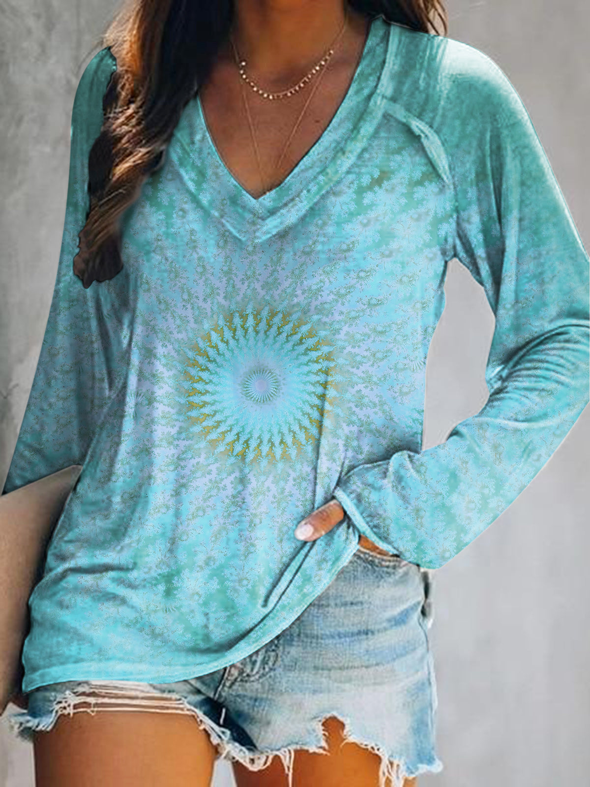 Women's Casual Kaleidoscope Tie Dye Art Print V Neck Long Sleeve Tops
