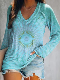 Women's Casual Kaleidoscope Tie Dye Art Print V Neck Long Sleeve Tops
