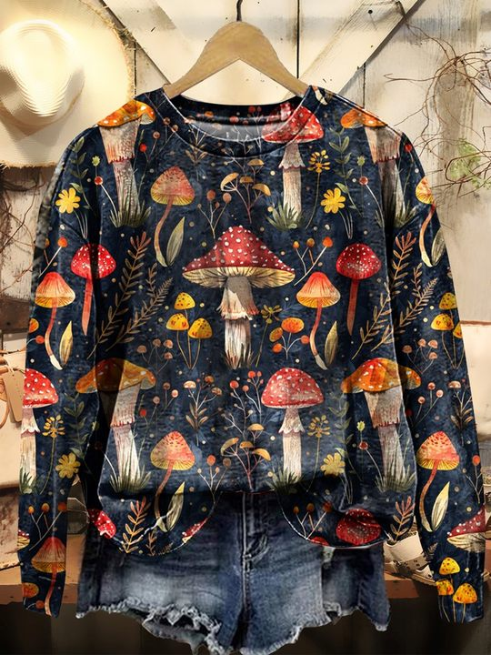 Women's Vintage Mushroom Art Print Casual Linen V-neck Shirt