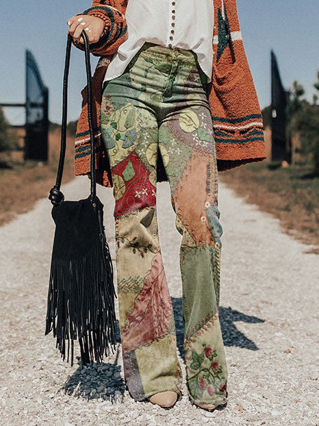 Women's Vintage Collage Art Print Casual Wide Leg Pants