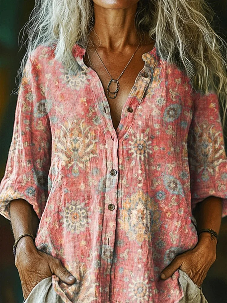 Women's Retro Ethnic Totem Pattern Casual Linen V-neck Shirt