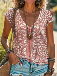 Women's Vintage Ethnic Floral Art Print Casual V-neck Long Sleeve T-shirt