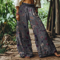 Women's  Flower Art  Print   Linen Pocket Skirt